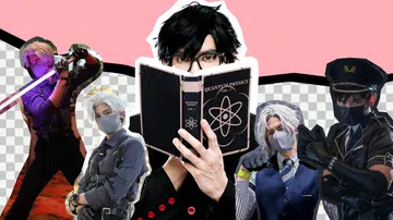 一张人物拼贴风格的视觉合成图，中间主体是一名戴着黑框眼镜、黑色短发的年轻人，双手捧着一本打开的深色书籍，书封写着「QUANTUM PHYSICS VOL. 1」，封面印有简约的原子图案。他只露出上半张脸，从书本上方直视镜头，神情专注而冷静，身穿黑色外套，袖口可见红色钮扣细节。人物外围以白色描边勾勒，突出主体轮廓。
背景上方为粉色块面设计，下方为灰白色棋盘格纹理，并以一条黑色斜线贯穿画面，营造出分层与动感的视觉结构。
主体人物左右两侧分别排列多位不同造型的人物剪影：
 左侧有一名金发、戴口罩、手持发光长剑做出动作姿态的人物，整体呈现强烈动感与舞台灯光效果；其旁是一名银白色头发、戴口罩、身穿深色机能风服装的人物，双手交叉站立，造型偏未来感与战术风格。
 右侧则出现两名戴口罩的人物，其中一人留着浅色长发，身穿衬衫与背心，手臂抬起做出手势；另一人头戴深色帽子、身穿制服风造型与手套，摆出带有戏剧张力的动作姿势。
整体画面以人物剪影拼贴方式呈现，色彩对比鲜明，风格介于潮流、角色扮演与视觉设计之间，传达出多元身份、角色切换与个人表达的主题氛围。KAZUA COSPLAY 新加坡角色扮演者 PERSONA 5 雨宫莲 JOKER 恋与深空 Sylus 秦彻