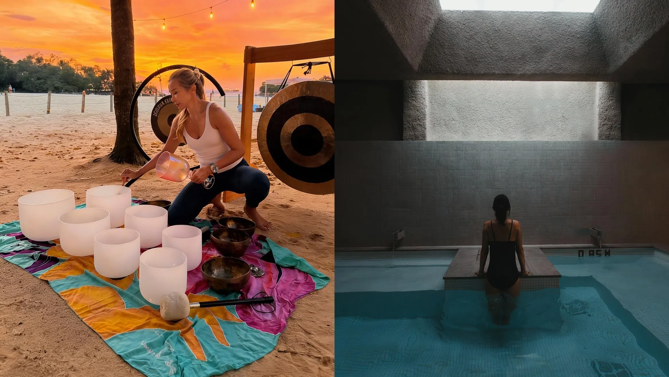 海边日落下的sound bath疗愈体验与室内温泉泡澡场景，展现新加坡放松身心的方式。