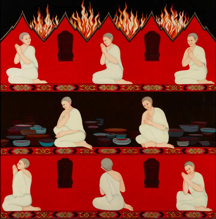 泰国艺术家Phaptawan Suwannakudt的1998年丙烯作品《My Mother Was a Nun I》(National Gallery Singapore馆藏)