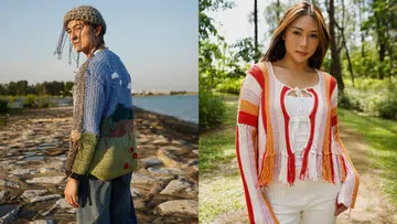 拼接图片展示Edwin Goh与Rachel Wan各自演绎两件钩织作品。左图中，Edwin Goh站在海边防波堤上，身穿《Storm Sweatshirt》并搭配《Raincloud Beanie》针织帽。毛衣以灰、蓝、绿色拼接而成，背面织有白色云朵、山丘与红色花朵等元素，刻意保留垂落线头，象征走过人生风暴后重新迎向希望。右图中，Rachel Wan站在树林步道上，身穿《Returning to Softness》，作品以白色为基调，搭配红、粉、橙色条纹及流苏细节，呈现温暖柔和的视觉效果，表达在经历改变后重新拥抱内心柔软与真实自我的理念。两件作品共同呼应Geneco“Begin Again”企划关于成长、疗愈与重新开始的主题。