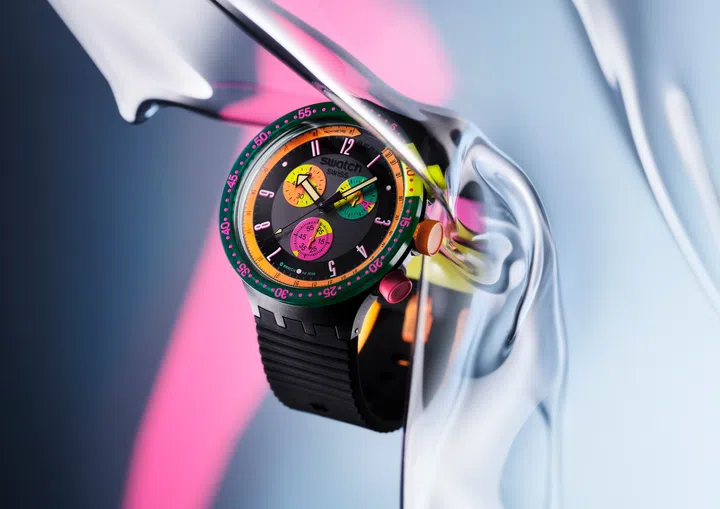Swatch Neon Seppia, quartz movement, 47mm polymer case, silicone strap watch $220