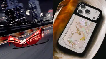 Gentle Monster 2026 Circuit Collection与CASETiFY联名视觉图，一副红色赛车元素设计的前卫墨镜置于夜间赛道上，背景为高速行驶的城市光影，呈现速度与动感；旁边为一款CASETiFY手机壳，采用珍珠母贝质感设计，带有蝴蝶与花卉图案，散发柔和光泽，对比出赛车风格的力量感与高定艺术的精致感。