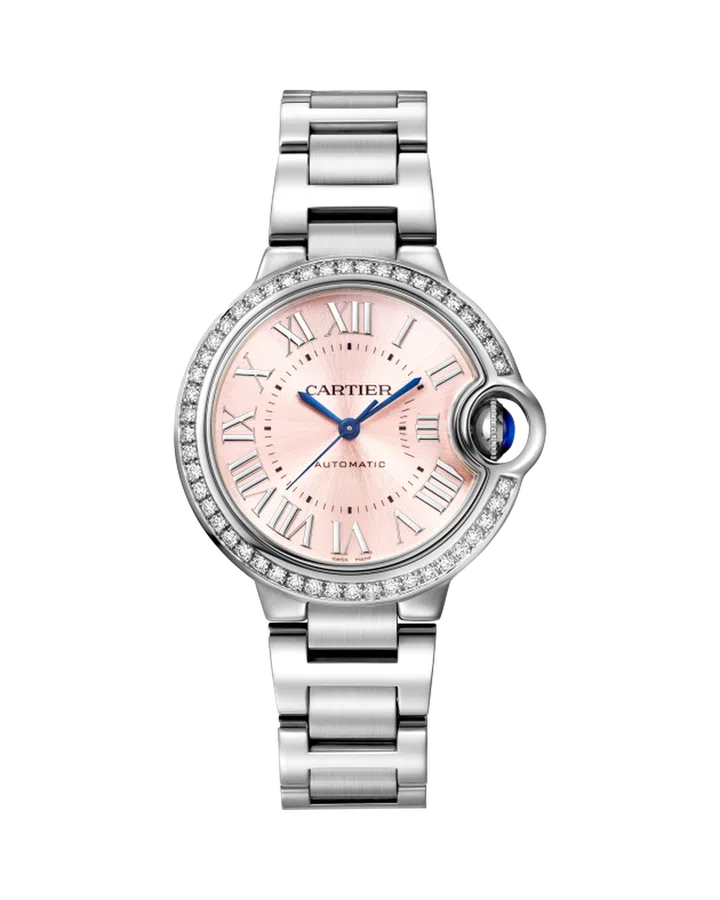 CARTIER Ballon Bleu de Cartier搭载自动上链机械机芯、36mm镶钻精钢表壳、精钢表链腕表 $17,000