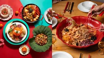 封面图为农历新年外卖年菜组合展示，画面左侧是 Crystal Jade 的团圆套餐摆盘，包括色彩缤纷的捞起鱼生、盛满鲍鱼、虾、带子等海鲜的盆菜，以及以荷叶盛装的特色佳肴，整体以红绿背景衬托节庆氛围；右侧则是 Ban Lan 的新春捞起鱼生，大红色圆形大碗中铺满三文鱼、脆饼、紫甘蓝、细面与酱料，多双筷子正在进行捞起仪式，呈现家庭围坐共享团圆饭的热闹场景，体现新加坡农历新年外带年菜与在家团圆的节庆气氛。