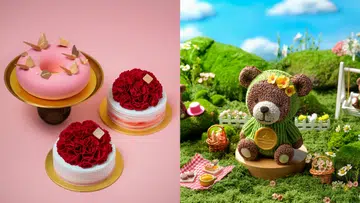 左图：粉色背景上摆放三款精致蛋糕。左上是一款粉色环形慕斯蛋糕，表面点缀金色蝴蝶装饰与珍珠糖珠，放在金色托盘上；右侧与下方各有一款圆形蛋糕，顶部覆盖层层立体红色花瓣造型，侧面呈渐层奶油纹理，整体优雅浪漫。
右图：户外草地场景中的创意造型蛋糕，一只可爱的泰迪熊造型蛋糕坐在木质圆台上，穿着绿色毛衣、戴花环，周围布置成野餐场景，有野餐篮、草地、花朵、小围栏与蓝天白云背景，氛围童趣又梦幻。2026母亲节蛋糕推荐：精致又好吃的限定款