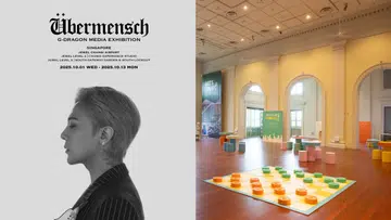 左图：韩国艺人权志龙（G-Dragon）《Übermensch》媒体展宣传海报，他的侧脸肖像与展览日期信息。右图：亚洲文明博物馆《Let’s Play!》展览现场，展示色彩鲜明的大型棋盘与互动游戏装置。新加坡10月去哪里玩推荐，新加坡10月玩什么，新加坡10月好玩推荐。