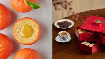 左右拼接的农历新年礼品主题图片。左侧为柑橘造型甜点特写，一颗橘子被切开，露出金黄色内馅，周围摆放新鲜橙子与绿色叶片，充满新年吉祥氛围；右侧为Ralph’s Coffee农历新年限量饼干礼盒，红色抽屉式礼盒打开陈列多款手工饼干，旁边摆放一杯咖啡与咖啡碟，整体呈现精致温暖的新年送礼场景。2026马年新年送礼推荐：拜年礼盒与新年礼物精选