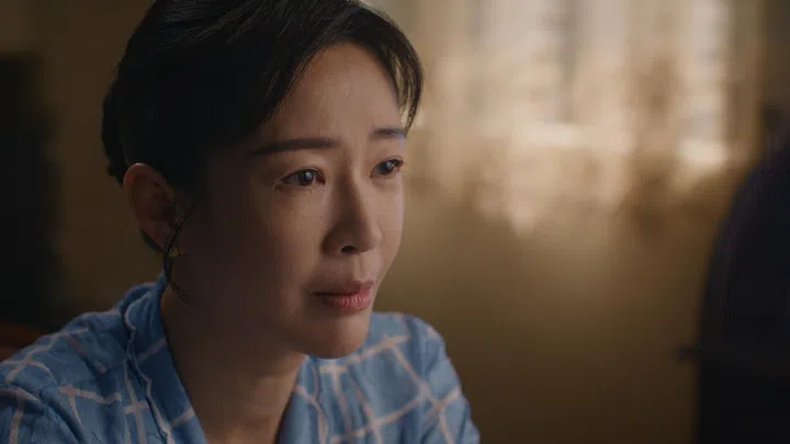 刘子绚在电视剧中的情绪特写镜头，短发造型的她神情温柔却略带沉重，眼眶微微湿润，似乎正压抑着内心的情绪。她身穿浅蓝色图案上衣，整体造型朴素自然。画面以暖色灯光为主，背景柔焦处理，营造出安静而私密的室内氛围。镜头捕捉她细腻的表情变化，展现角色内心的挣扎与隐忍，情感层次丰富且极具感染力。红星大奖2026《最佳女主角》入围者