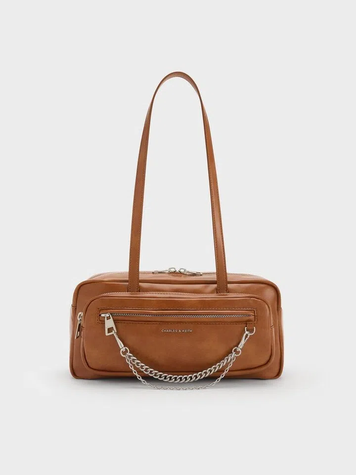 Charles & Keith Atwood Chain Elongated Shoulder Bag - Distressed Tan $89.90