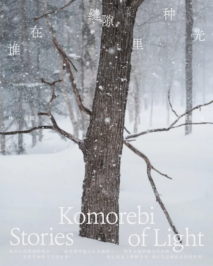 $20以下也能送出好礼：同事交换圣诞礼物精选。图中为林道锦旅行摄影文集《谁在缝隙里种光》的书封，以静谧雪景为主视觉，树干与飘雪构成柔和而安静的冬日画面，字体排版呈现书名与作者名字，整体风格文青、沉静，展现摄影与文字并置的诗意氛围，适合作为年末节庆或送给喜爱阅读与旅行同事的精致礼物。