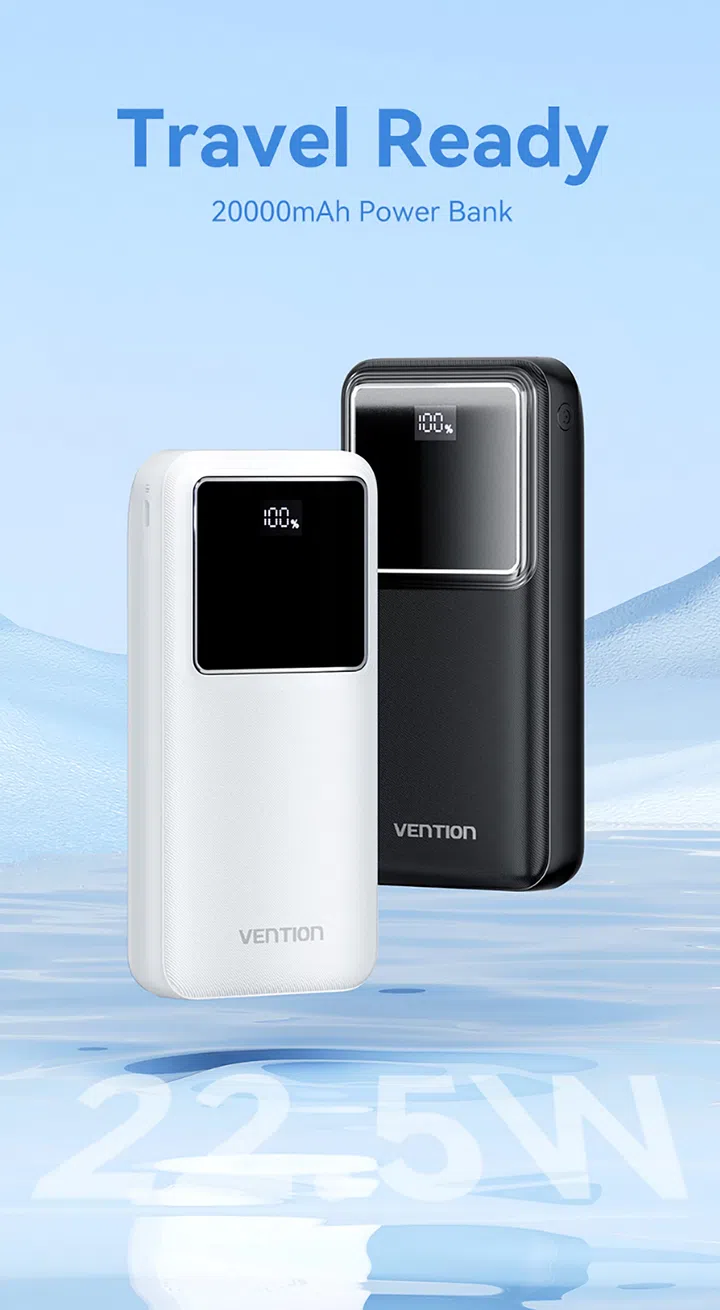 $20以下也能送出好礼：同事交换圣诞礼物精选。图中为 Vention 20000mAh 行动电源，黑白两色款式，搭配数位电量显示与简洁背景，呈现轻量、快充与适合作为实用礼物的电子配件。