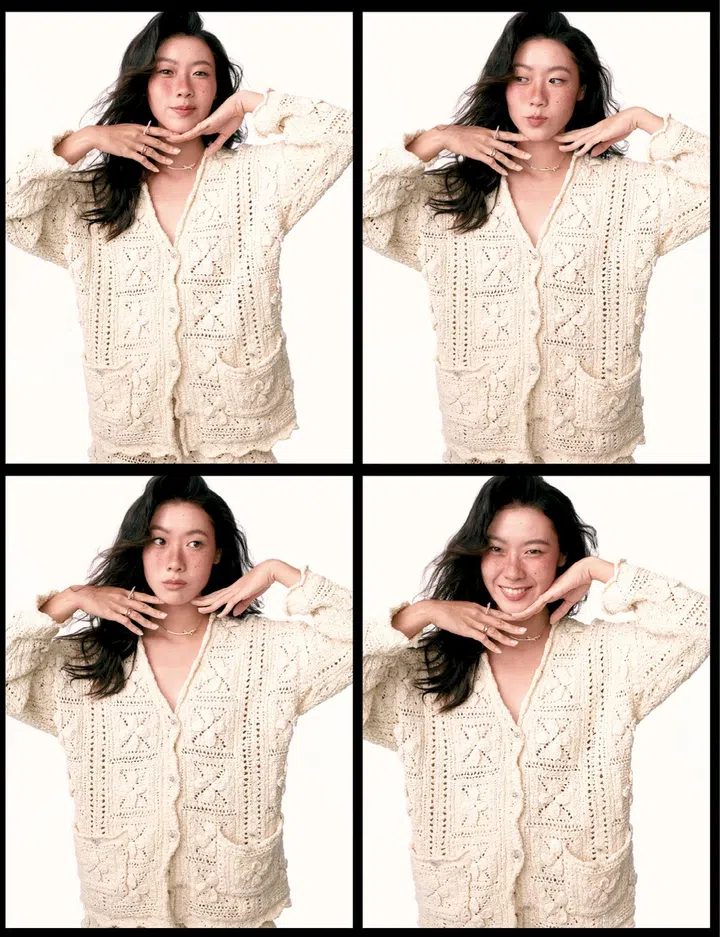 Chanelcardigan $9,120, shorts $5,980, Ruban rose gold necklace with diamonds $13,050, beige gold ringwith diamonds $23,500, Coco Crush yellow gold mini ring $2,300, beige gold mini ring with diamonds $6,200（图：NUYOU拍摄）
