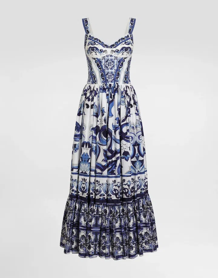 Dolce&Gabbana Calf-length bustier dress in majolica-print poplin