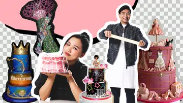 Jiayi与Kaiyang，CakeInspiration的经营者与创意主理人，以拼贴风视觉呈现，与多款造型精致的订制蛋糕同框亮相。画面中包含蓝金皇冠主题蛋糕、粉色复古风蛋糕、黑色星空创意蛋糕及大型奢华衣橱造型蛋糕，展现品牌在设计与工艺上的多元风格与创意实力，整体以粉色背景搭配艺术剪贴元素，营造年轻且富有设计感的视觉效果。