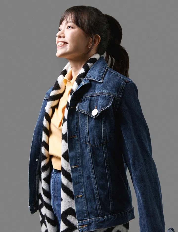 MAX&Co. top $339, stylist’s own jacket and scarf, Chen Xi’s own jeans