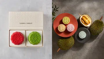 白色礼盒中摆放着两枚造型精致的月饼，一枚为鲜红色，另一枚为翠绿色，礼盒表面印有 “Cédric Grolet” 的字样。四种颜色各异的 Goodwood Park Hotel 榴莲冰皮月饼（黄色、粉色、绿色和浅蓝）摆放在陶瓷盘上，旁边点缀着完整和剥开的榴莲果实。2025中秋月饼必买推荐
