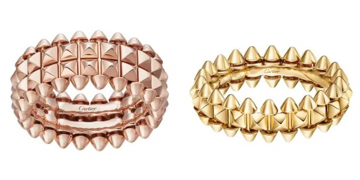 Cartier Clash de Cartier玫瑰金双排戒指 $6,150; 黄金戒指 $3,650