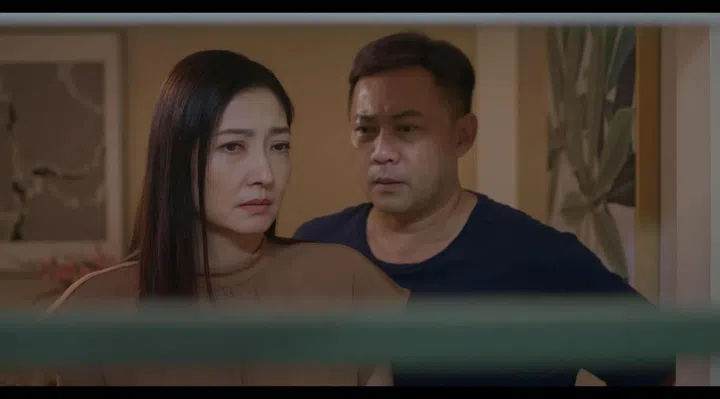 《你的世界我们懂》剧照。黄碧仁饰演的李家云神情凝重地站在家中，身后的丈夫同样满脸担忧，夫妻二人在压力与现实夹击下流露复杂情绪，展现家庭关系中的压抑与无力感。