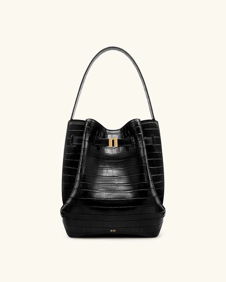 JW Pei Clara Lock Accent Bucket Shoulder Bag - Black Croc