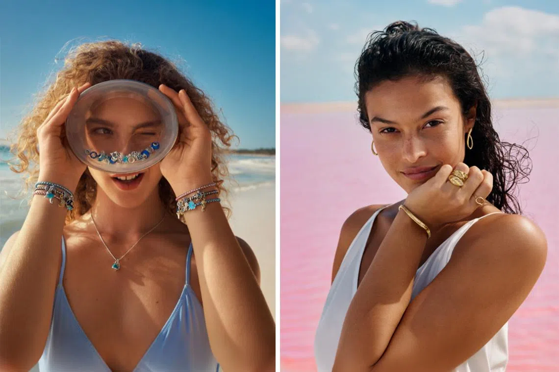 Models wearing jewellery from the Pandora Summer Collection with Pandora Moments charms and Pandora Essence jewellery.