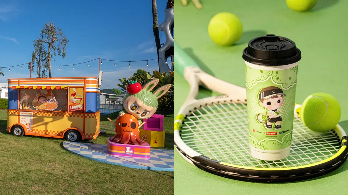 拼接图。左边是LABUBU主题的Mini Market，彩色餐车与大型LABUBU雕像坐落在草地上，营造欢乐氛围。右边是一杯印有Hacipupu图案的CHAGEE青提奶茶，摆放在网球拍与网球之间，画面清新可爱。联名控必看：超吸睛限量合作系列推荐。Labubu便利店和HACIPUPU霸王茶姬奶茶。