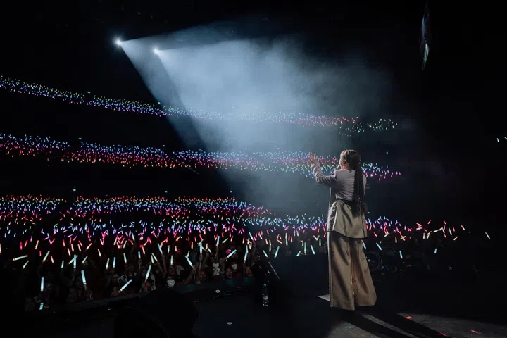 DIOR大颖在新加坡演唱会舞台上，从舞台侧后方视角望向观众，身穿浅色舞台造型，面对满场观众举起手互动。观众席中挥舞着不同颜色的应援灯，形成大片灯海效果，舞台上方聚光灯照射，烟雾弥漫，呈现热烈且沉浸的现场氛围。