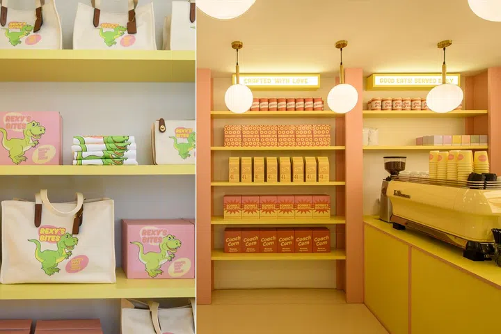 与好友享用咖啡与甜品，还能在Coach Café买到可爱的Rexy's Bites印花手袋。