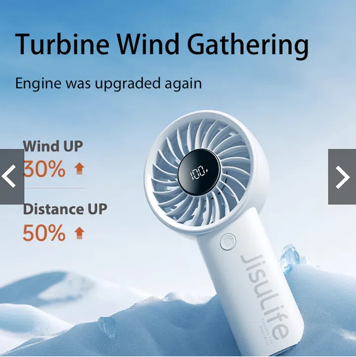 $20以下也能送出好礼：同事交换圣诞礼物精选。图中为 Jisulife 手持风扇，白色机身搭配涡轮扇叶与数位电量显示，置于蓝白背景中，呈现强劲风量与便携实用的电子小物。