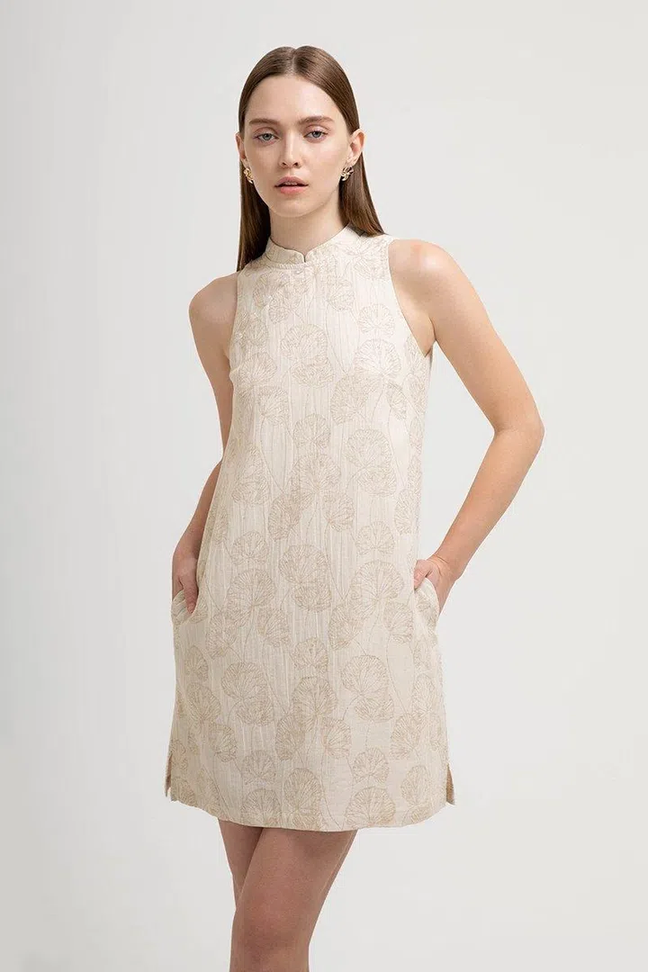 LOVE AND BRAVERY Daniella Cheongsam Linen Jacquard Dress W Detachable Collar $65