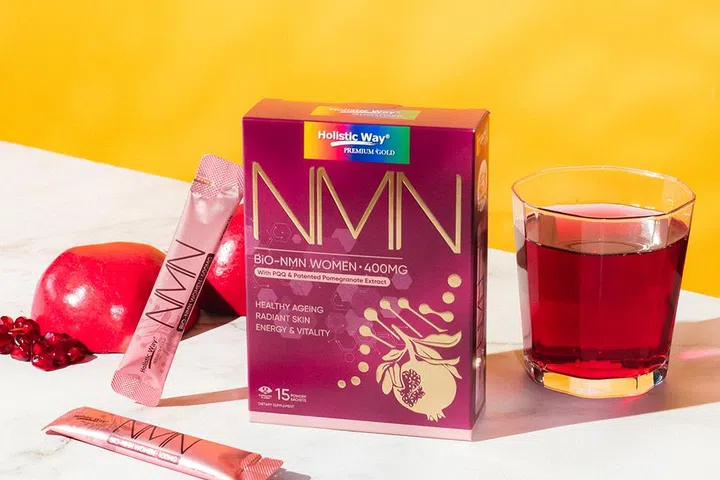 Holistic Way Bio-NMN Women 400mg supplement with 400mg of 99% pure Japanese NMN, PQQ and patented pomegranate extract to support daily energy.