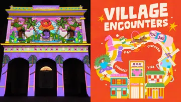 拼图式横幅展示两项新加坡活动。左侧为National Museum of Singapore外墙的大型投影光雕秀，建筑立面披上鲜艳的紫色、粉色、黄色及绿色动画图案，中央可见狮子、热带植物与喷泉等充满新加坡特色的插画元素，营造浓厚的节庆氛围。右侧为Village Encounters @ Holland Village活动主视觉海报，以亮橙色为背景，配上“Village Encounters”白色大字，并结合风车、店屋、国际象棋、望远镜、饮料、瑜伽人物及奔跑中的狗狗等趣味插画，围绕“Play”“Connect”“Discover”“Vibe”四大主题，展现充满活力、适合一家大小及宠物参与的社区嘉年华氛围。