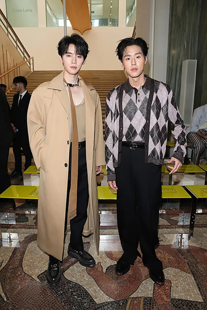 MILAN, ITALY - JUNE 17: Zhou Yiran and Billkin are seen front row at the Gucci Men's Spring Summer 2025 Fashion Show during the Milan Fashion Week Menswear Spring/Summer 2025 at Triennale di Milano on June 17, 2024 in Milan, Italy. (Photo by Jacopo M. Raule/Getty Images for Gucci)