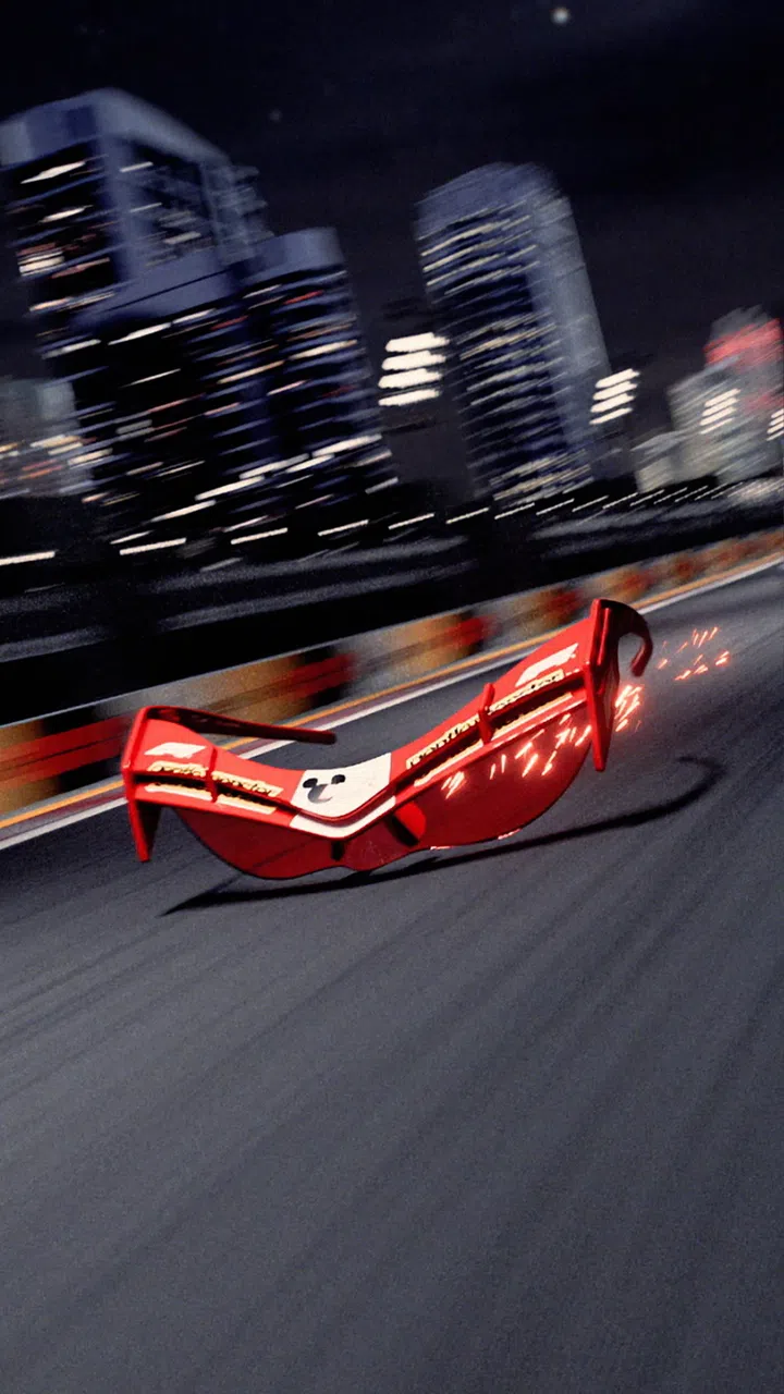 Gentle Monster红色赛车风格墨镜，灵感源自F1赛车结构设计，镜框呈流线型，搭配类似前翼与空气动力学元素的细节，整体造型前卫。墨镜置于夜间城市赛道上，背景为模糊的高楼灯光与高速运动轨迹，营造强烈速度感与未来感，展现运动与时尚结合的视觉风格。