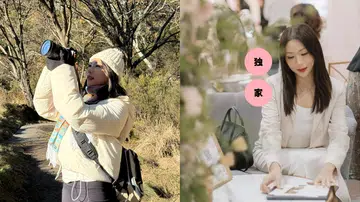 Rachel Wan在澳洲户外树林步道上举起相机拍摄风景，身穿米白色羽绒外套、针织帽与彩色围巾，背着相机包，展现旅行生活中的随性自在状态。Rachel Wan：最好的感情，是让我更像自己。Rachel Wan身穿白色上衣与米色西装外套，坐在室内空间里翻阅相册或书本，神情温柔专注，桌旁摆放绿色手袋与装饰植物，画面呈现沉静优雅氛围。Rachel Wan：最好的感情，是让我更像自己