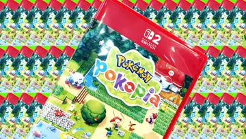Nintendo Switch 2 游戏《Pokémon Pokopia》游戏封面图。画面中央是一盒红色游戏卡带包装，上方印有白色“Nintendo Switch 2”标志，中间则是色彩缤纷的《Pokémon Pokopia》游戏Logo。封面采用温馨疗愈的俯视角小镇风格设计，可见绿意满满的森林、草地、小路与河流，还有多只宝可梦角色穿梭其中，包括伊布、水跃鱼等角色，整体充满《Animal Crossing》风格的悠闲生活感。背景以重复排列的游戏封面铺满整个画面，形成鲜艳又带有复古拼贴感的视觉效果。