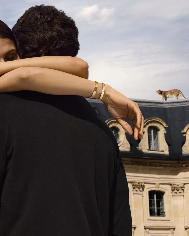 在Cartier全新广告中，猎豹意象守护在爱侣身旁，为爱赋予无畏与灵感