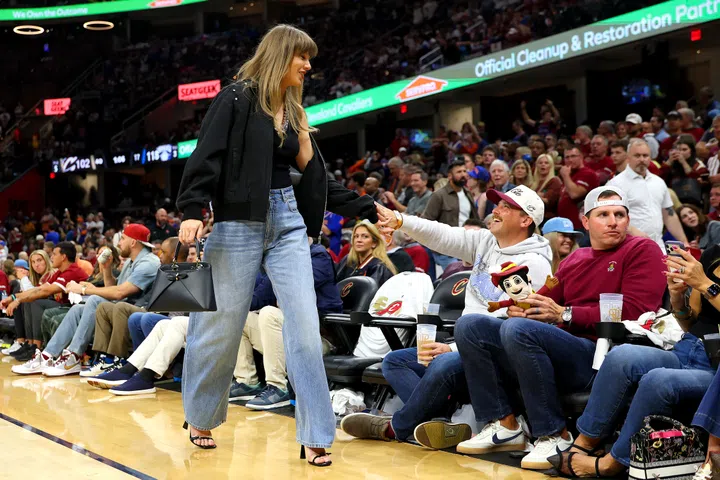 CLEVELAND, OHIO - MAY 23: Singer Taylor Swift attends Game Three between the New York Knicks and the Cleveland Cavaliers in the NBA Eastern Conference Finals at Rocket Arena on May 23, 2026 in Cleveland, Ohio. NOTE TO USER: User expressly acknowledges and agrees that, by downloading and or using this photograph, User is consenting to the terms and conditions of the Getty Images License Agreement. (Photo by Gregory Shamus/Getty Images)