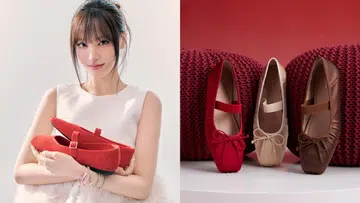 图片由左右两部分组成。左侧画面中，一名女性模特ive 的LIZ身穿浅色无袖上衣，双手抱着一双红色Mary Jane平底鞋，整体造型清新优雅，背景为简约的浅色调。鞋款采用方头设计，鞋面带有细致纹理，并配有可调节扣带，呈现简洁又精致的风格。右侧画面展示三双不同颜色的同系列鞋款，分别为红色、米色与棕色，整齐摆放在白色台面上，背景为温暖的红色针织质感布料，营造出浓厚的新年氛围。三双鞋均为Mary Jane设计，搭配蝴蝶结细节与弹性鞋带，展现柔和优雅的外观与舒适感。图片整体以时尚感与节庆气息为主调，突显鞋款的多色选择与精致质感。本图展示产品为：PAZZION Brivelle Silk Mary Janes – $86。2026新年鞋推荐：舒适好穿又好看的拜年鞋款