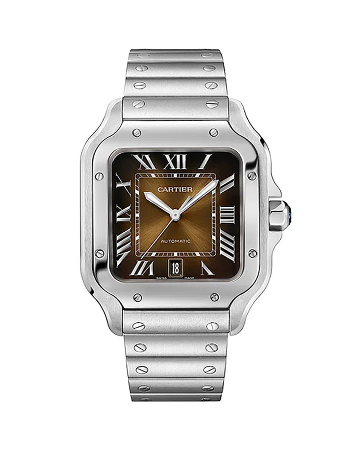 CARTIER Santos de Cartier搭载1847 MC型工作坊精制自动上链机械机芯、35.1x41.9mm精钢表壳、可替换式精钢表链中型腕表(配备棕色鳄鱼皮表带) $11,200