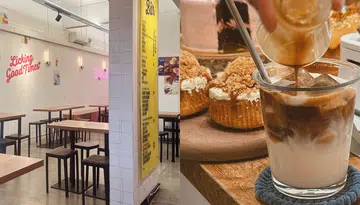 新加坡接受CDC voucher或邻里购物礼券的咖啡馆：左边是 Lickers 的简约店内环境，白色瓷砖墙和霓虹灯营造轻松氛围；右边是 The Better Half 的冰拿铁与精致甜点，展现氛围好又好吃的咖啡馆体验。