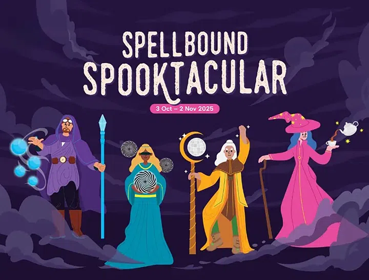 “Spellbound Spooktacular”活动宣传海报，四位身穿魔法师装扮的角色手持法杖与魔法球，背景为紫色烟雾与活动日期3 Oct–2 Nov 2025。新加坡万圣节去哪里玩推荐。