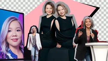 一张拼贴风格的视觉设计画面，以多张人物照片组合而成。画面中央是两位短发女性并肩坐在深色方形座台上，身穿剪裁流畅的黑色无袖长礼服，造型优雅而现代，背景为粉色几何图形，营造出聚焦主视觉的效果。两人面带自然微笑，姿态从容自信。左侧画面拼贴了一张大型舞台屏幕特写肖像，人物留着浅色短发，背景为蓝紫色灯光，呈现舞台或演讲场景氛围；旁边还有一张人物行走中的全身照，身穿浅色外套与牛仔裤，画面带有动态感。右侧则拼贴了一张人物站在讲台前手持麦克风演讲的画面，身穿深色西装外套，表情自信、姿态生动。整体画面结合摄影与图像剪裁效果，呈现多重场景与个人形象的层次变化，风格现代、具视觉冲击力。Sabrina Princessa Wang AI TWINS 新加坡未来趋势者