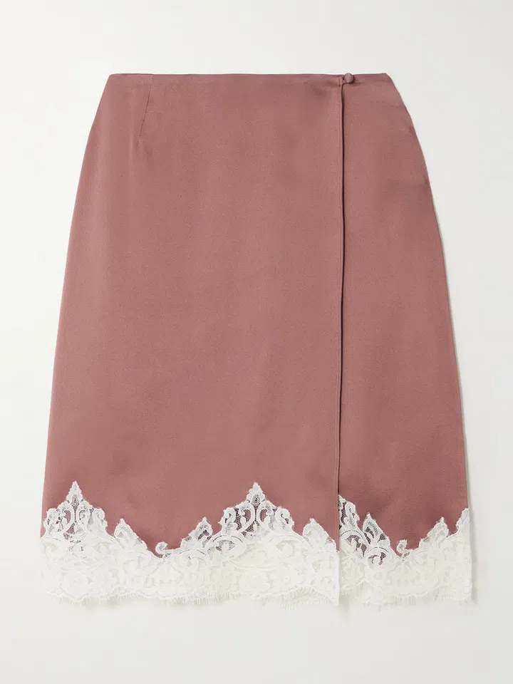 Stella McCartney Lace-trimmed satin midi wrap skirt