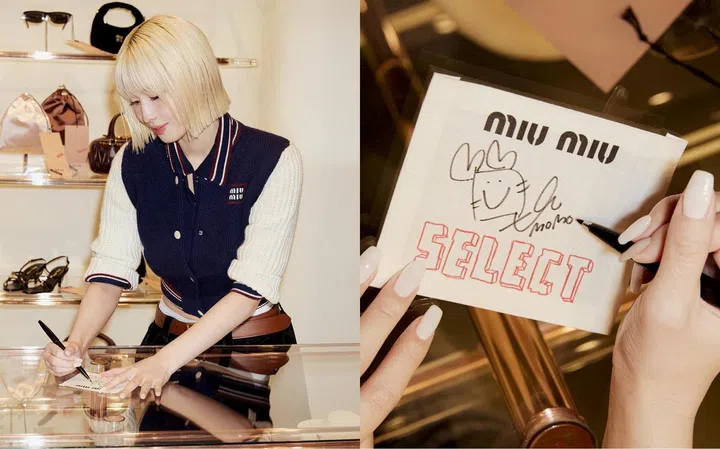 Momo亲笔签名的限量版Miu Miu Select，于Miu Miu东京青山门店展示并售卖。(Photo Courtesy of Miu Miu)