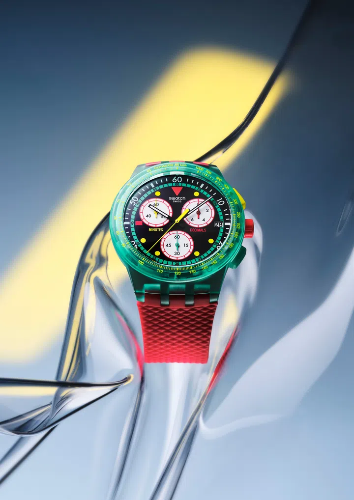 Swatch 
Neon Emerald Chrono, quartz movement, 42mm polymer case, silicone strap watch