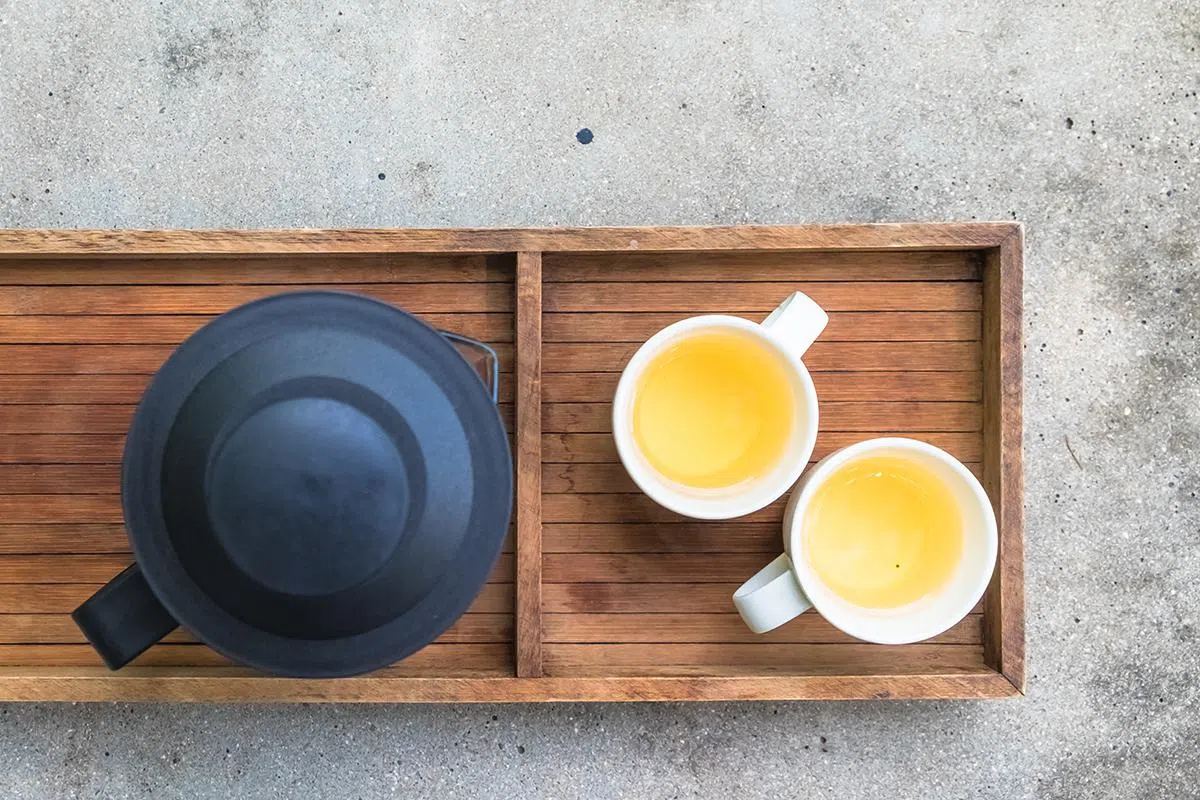 Hot tea set on concrete table