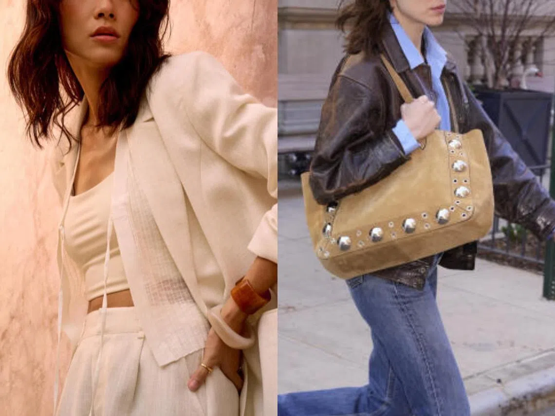 左边是新加坡本地品牌 Love, Bonito的西装系列衣服，右边是Valentino Garavani推出的大包包Nellcote Shopping Bag。（ Love, Bonito/Valentino Garavan）