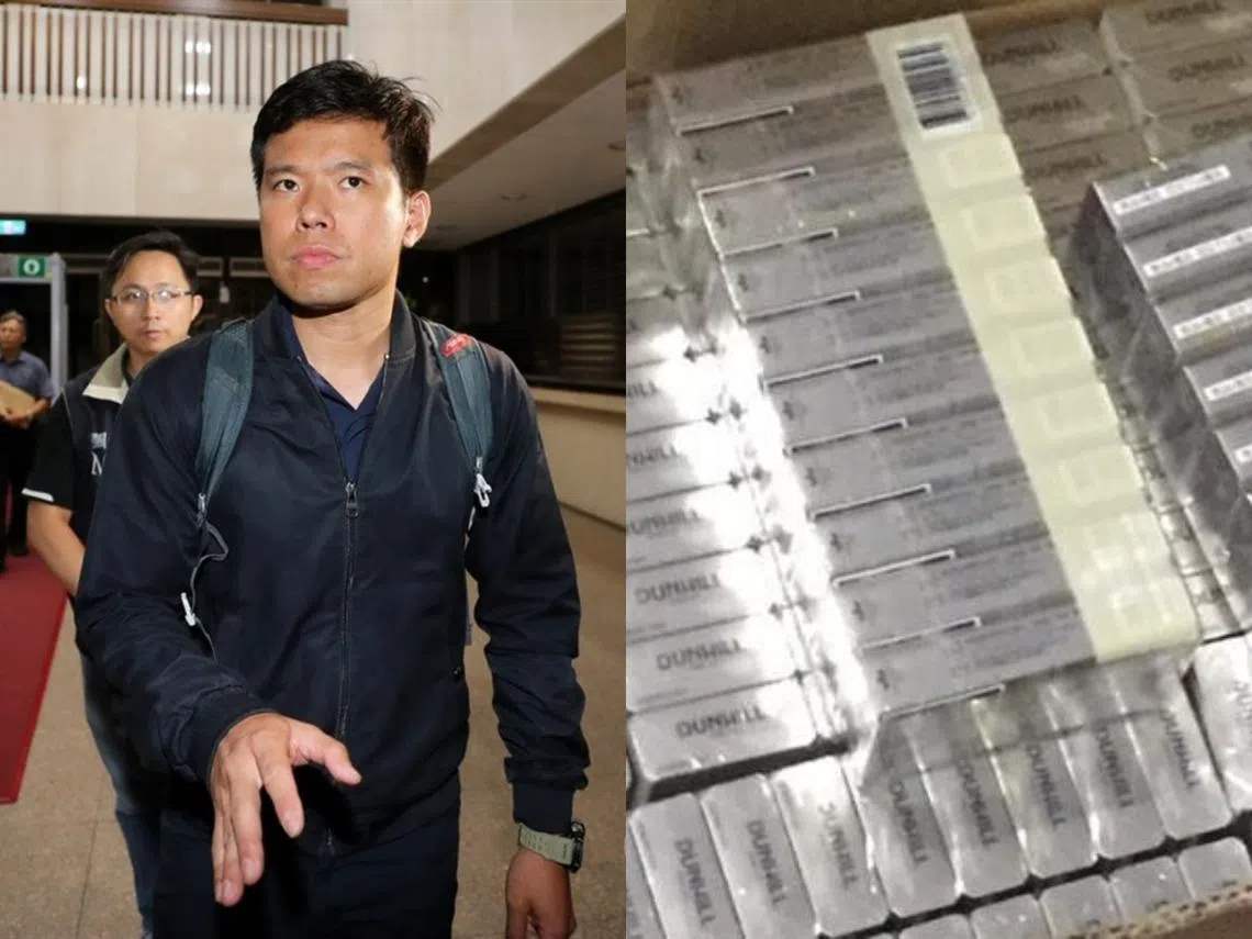 总统府侍卫室少校吴宗宪（左）试图藉随行出访机会携带超额免税烟入境。（李国豪制图）