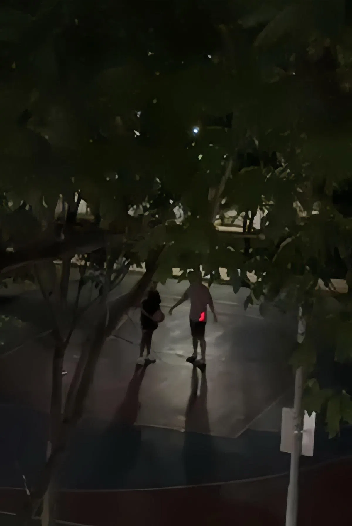 有居民为了避免与打球者发生正面冲突，用镭射灯照射提醒打球者离开。（联合早报）