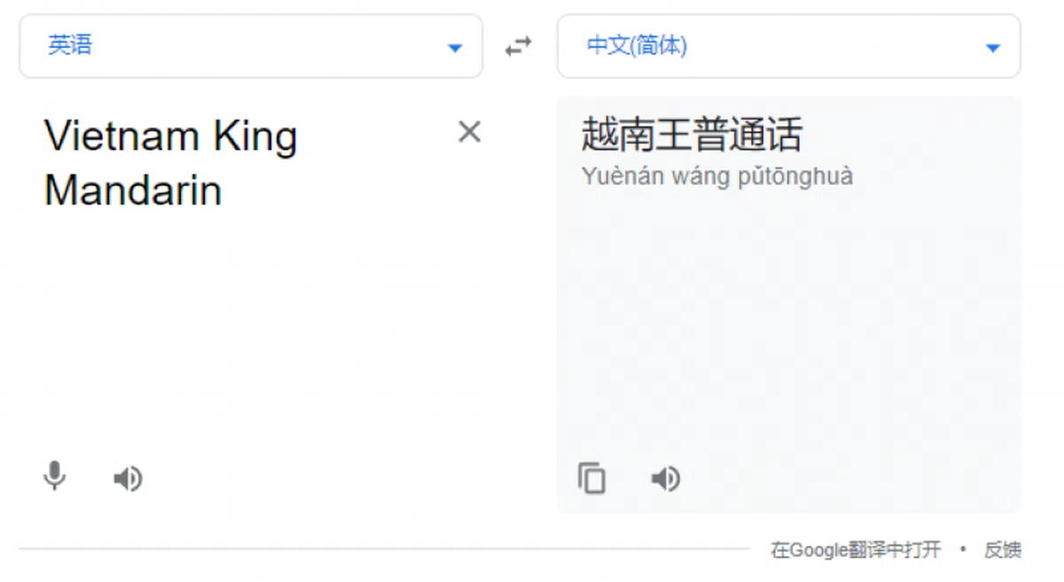 红蚂蚁用谷歌翻译尝试了一下，“Vietnam King Mandarin”的确被译为”越南王普通话”。